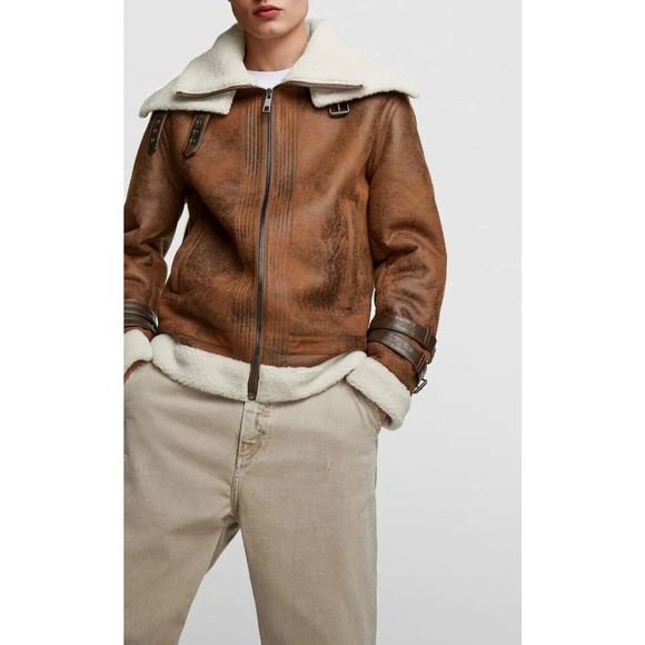 Zara Faux Leather Sherpa Lined Aviator Style Contrast Double Collar Jacket Large - Picture 4 of 13